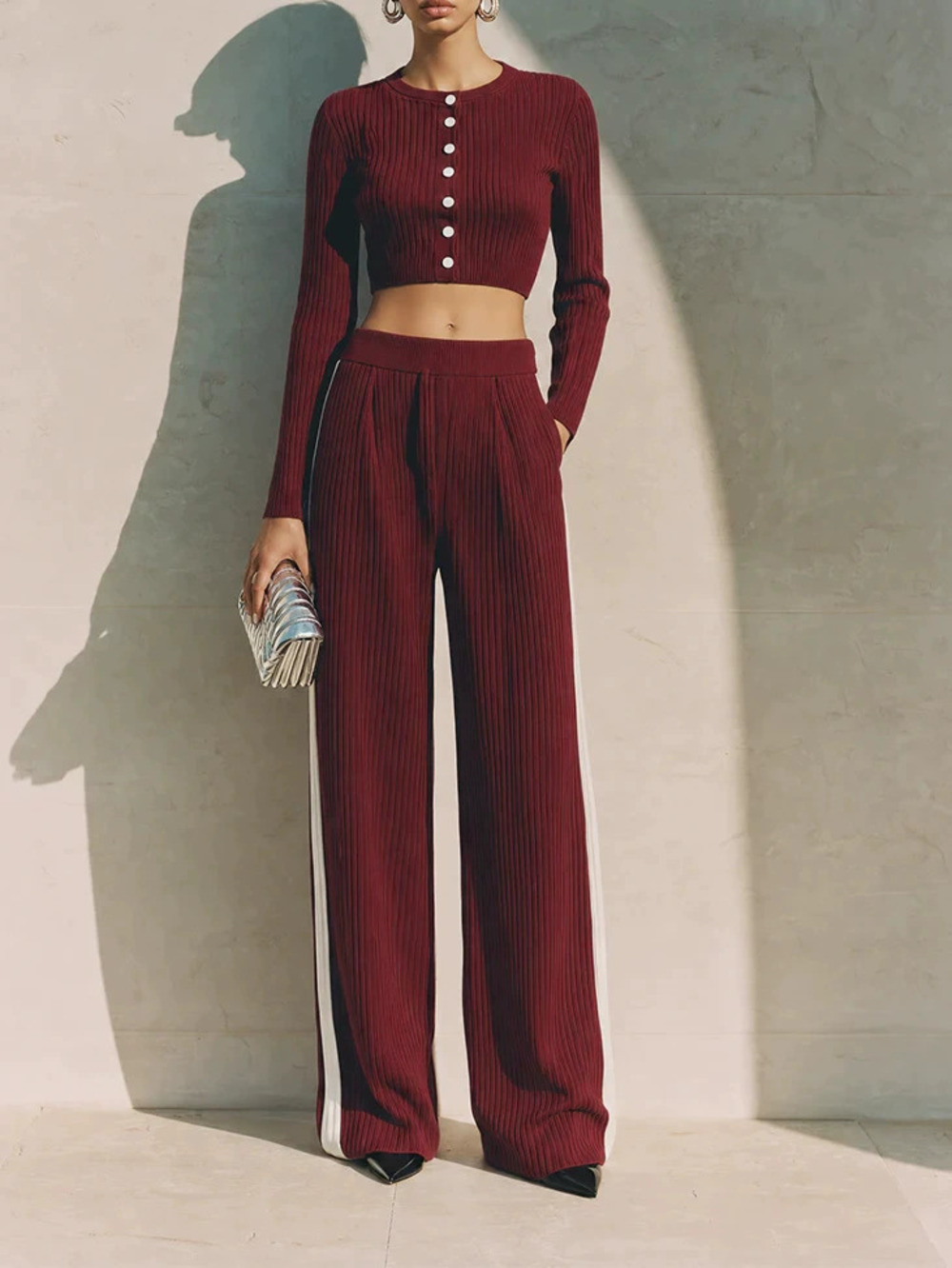 ZARA Women Ribbed Knit Crop Cardigan Side Stripe Wide Leg Pants 2 Piece Set